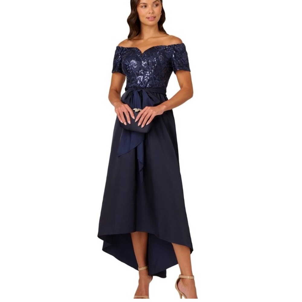 Adrianna Papell Navy Off Shoulder High Low Gown SZ 6 NWT Formal Evening GALA MOB